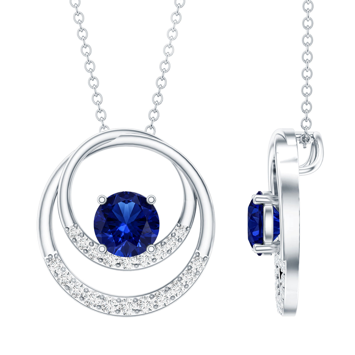 Lab Grown Blue Sapphire and Moissanite Promise Necklace AAAA - Rosec Jewels