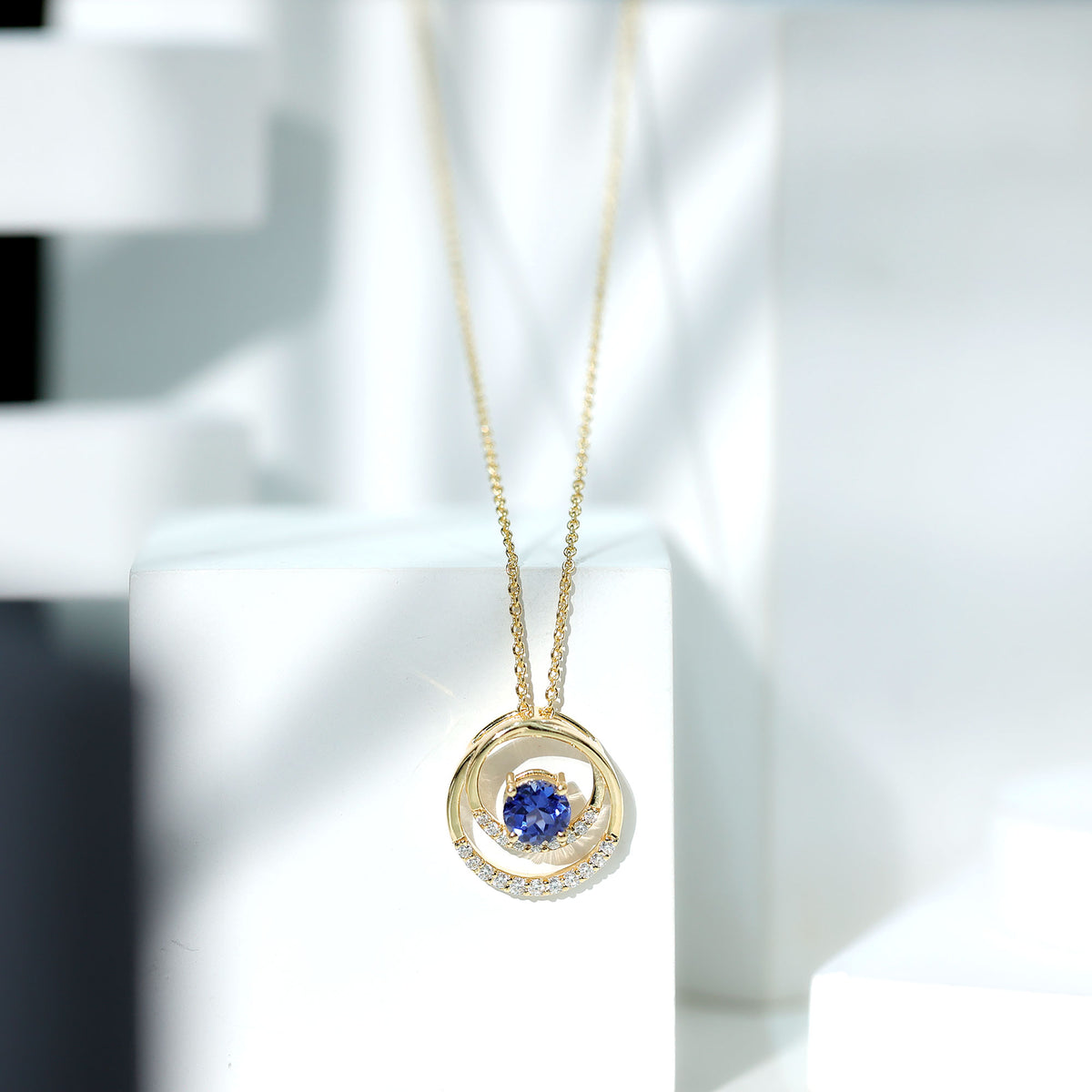 Lab Grown Blue Sapphire and Moissanite Promise Necklace AAAA - Rosec Jewels