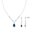 Pear Shape London Blue Topaz and Moissanite Wedding Necklace Earrings Set AAA - Rosec Jewels