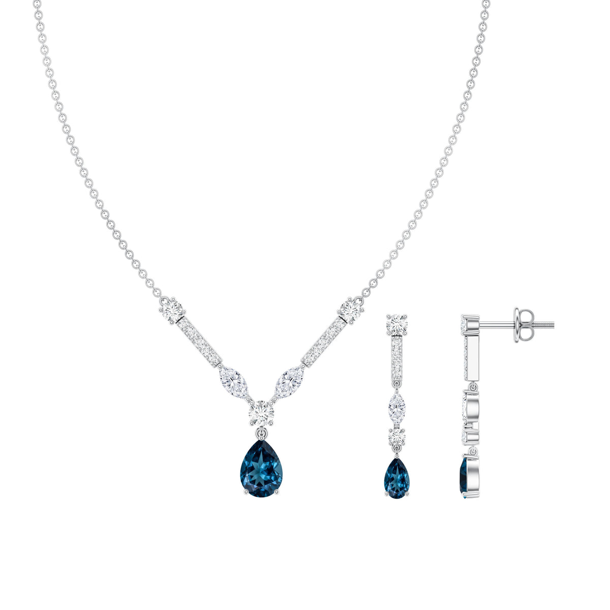 Pear Shape London Blue Topaz and Moissanite Wedding Necklace Earrings Set AAA - Rosec Jewels