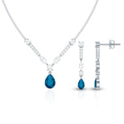 Pear Shape London Blue Topaz and Moissanite Wedding Necklace Earrings Set AAA - Rosec Jewels