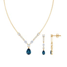 Pear Shape London Blue Topaz and Moissanite Wedding Necklace Earrings Set AAA - Rosec Jewels