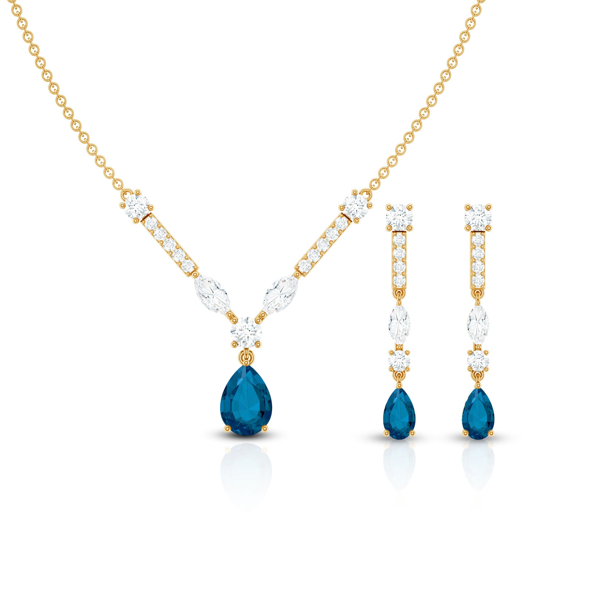 Pear Shape London Blue Topaz and Moissanite Wedding Necklace Earrings Set AAA - Rosec Jewels