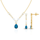 Pear Shape London Blue Topaz and Moissanite Wedding Necklace Earrings Set AAA - Rosec Jewels
