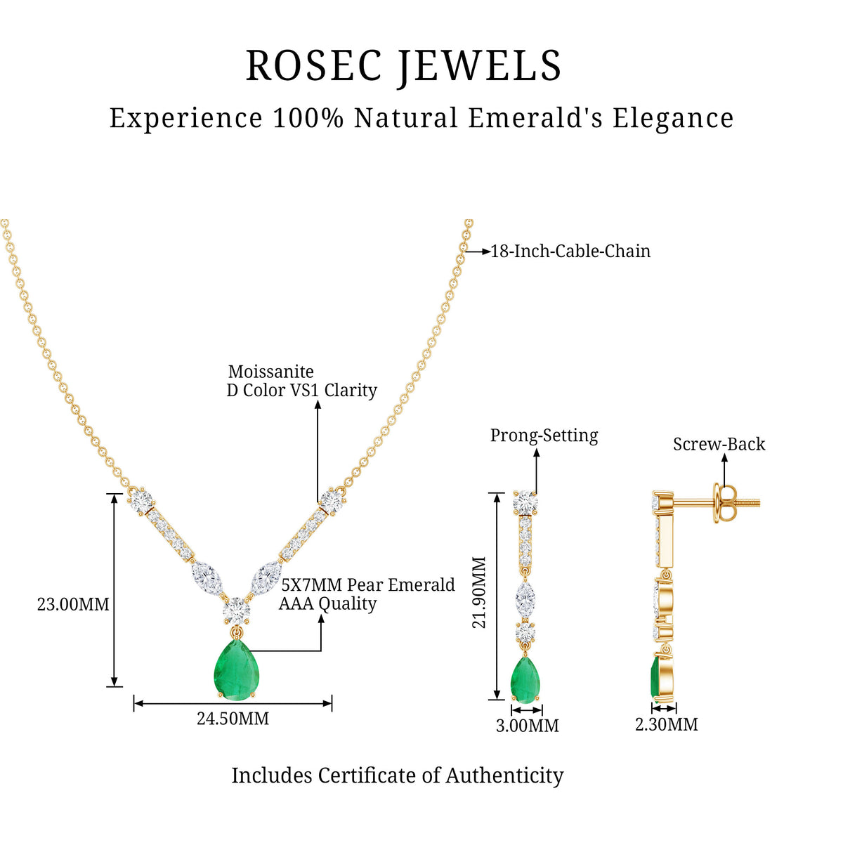 Certified Real Emerald Bridal Necklace and Earrings Set AAA - Rosec Jewels