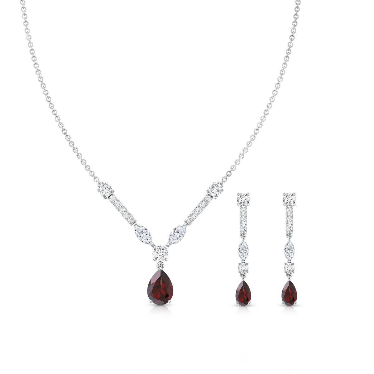 Garnet Drop & Dangle Necklace and Earrings Set with Moissanite AAA - Rosec Jewels
