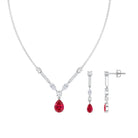 Lab Created Ruby and Moissanite Teardrop Necklace Earrings Set AAAA - Rosec Jewels