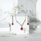 Lab Created Ruby and Moissanite Teardrop Necklace Earrings Set AAAA - Rosec Jewels