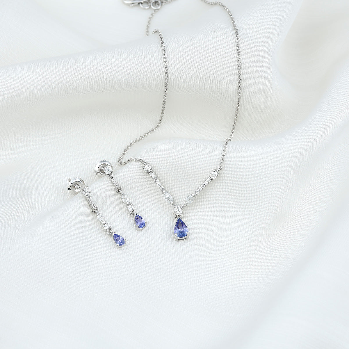Tanzanite and Moissanite Drop Necklace Earrings Set AAA - Rosec Jewels