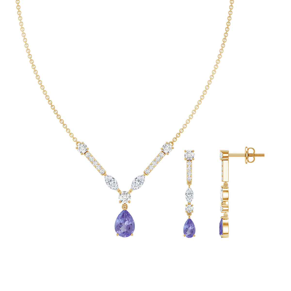 Tanzanite and Moissanite Drop Necklace Earrings Set AAA - Rosec Jewels