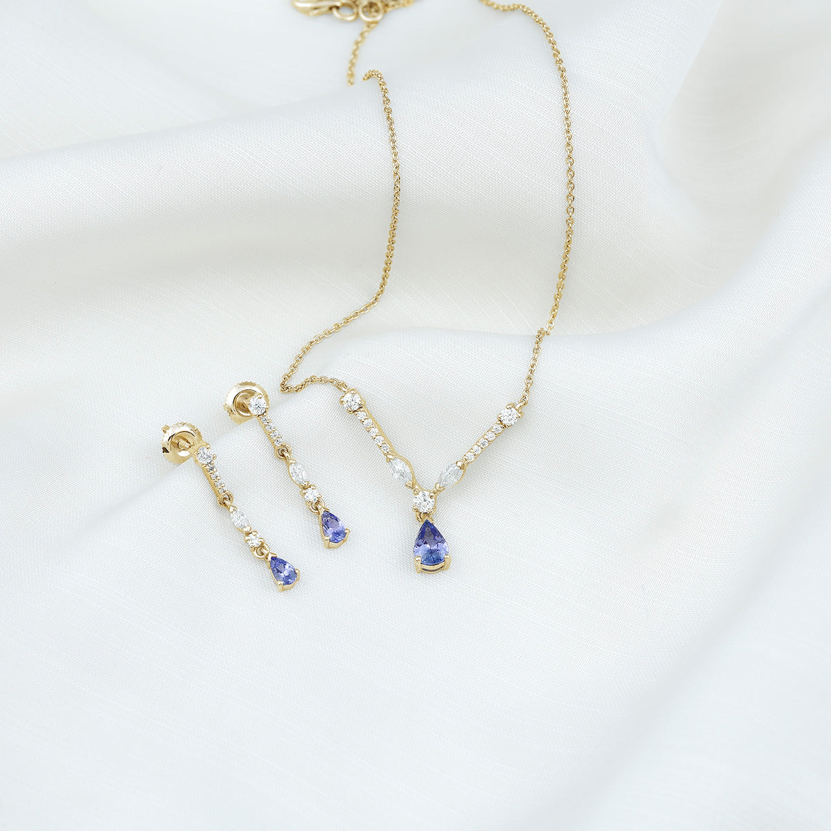Tanzanite and Moissanite Drop Necklace Earrings Set AAA - Rosec Jewels