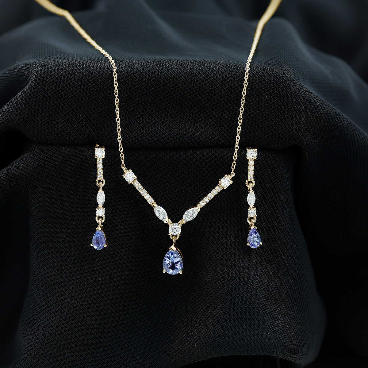 Tanzanite and Moissanite Drop Necklace Earrings Set AAA - Rosec Jewels