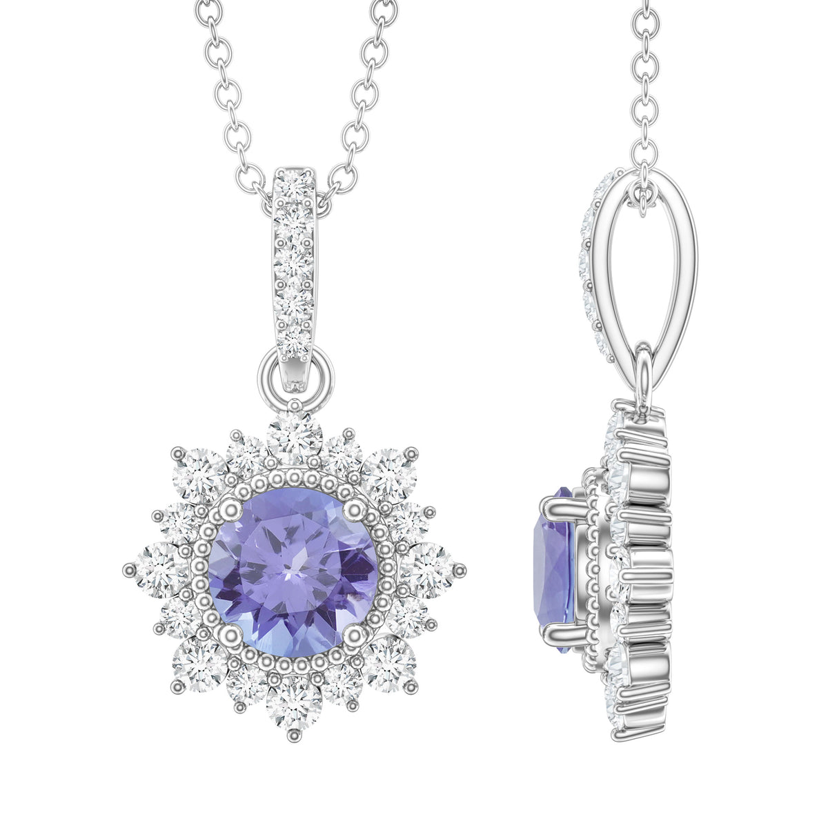 Round Tanzanite Bridal Necklace with Diamond Accent Bail AAA - Rosec Jewels