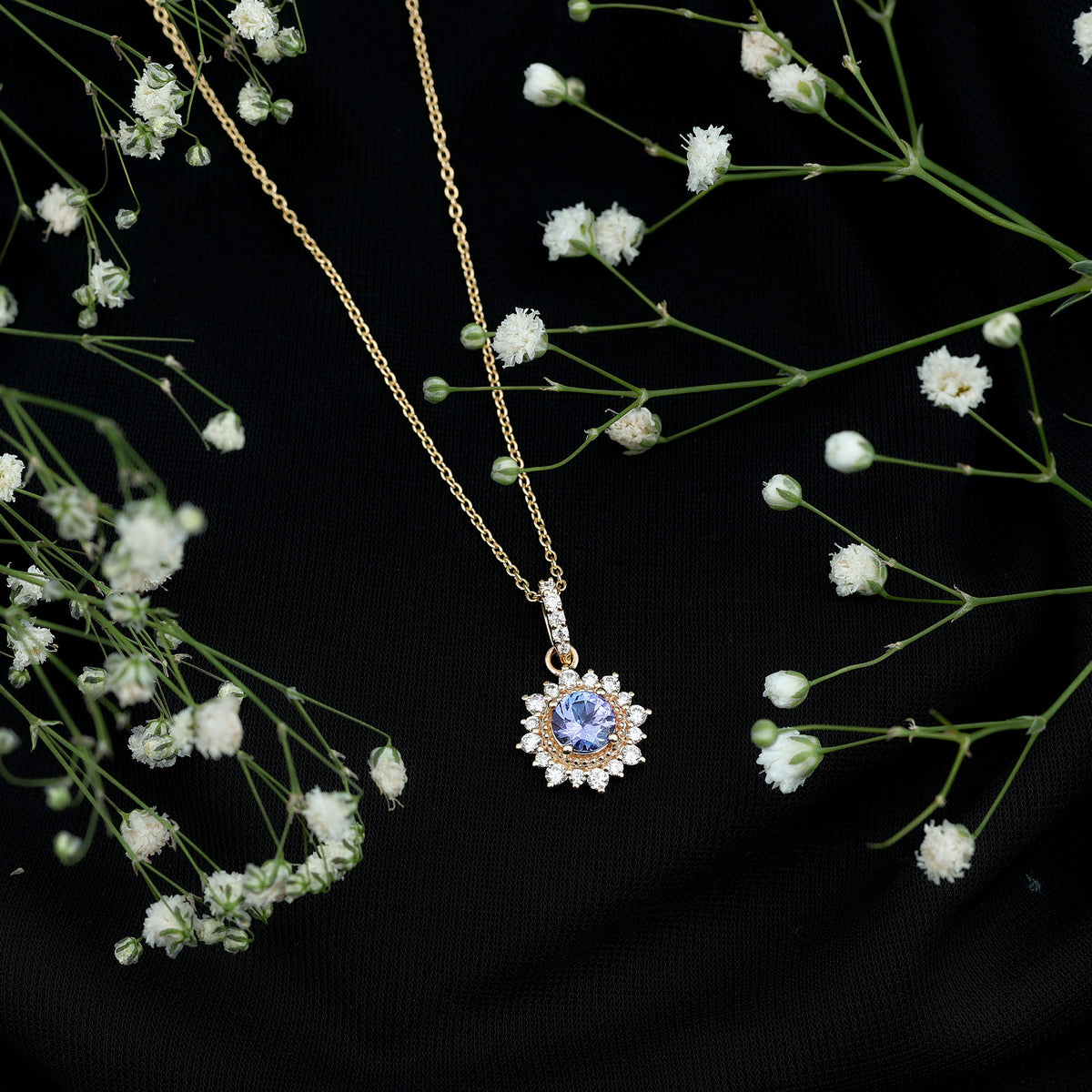 Round Tanzanite Bridal Necklace with Diamond Accent Bail AAA - Rosec Jewels