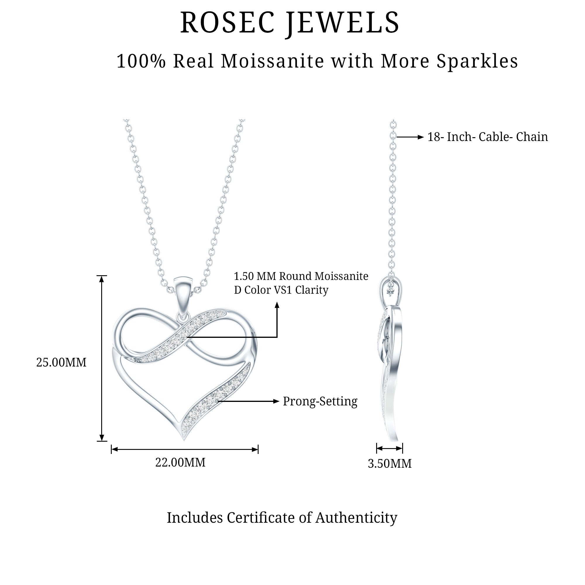Certified Moissanite Infinity Heart Pendant Necklace D-VS1 - Rosec Jewels