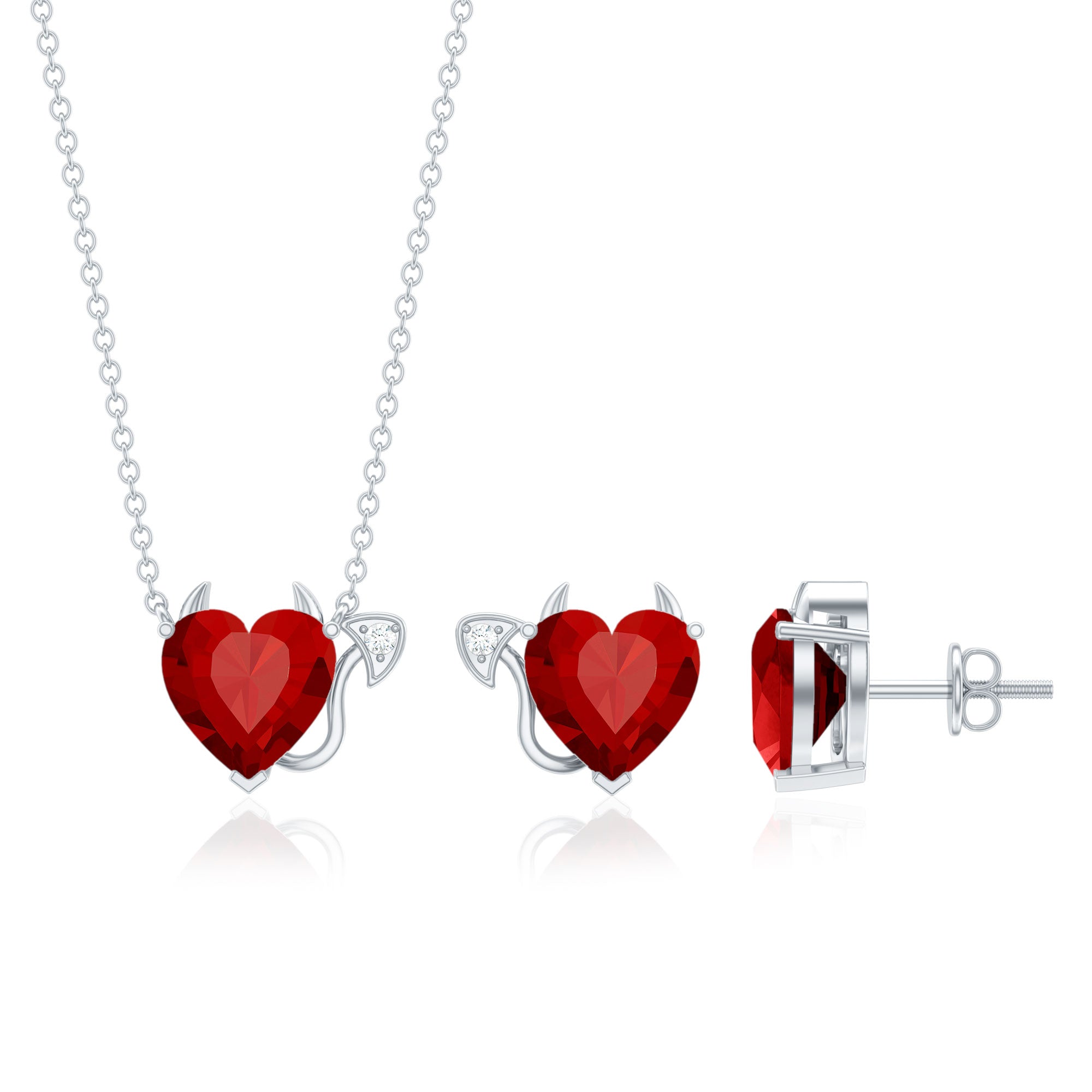 Lab Grown Ruby Heart Necklace And Earrings Set With Diamond AAAA - Rosec Jewels
