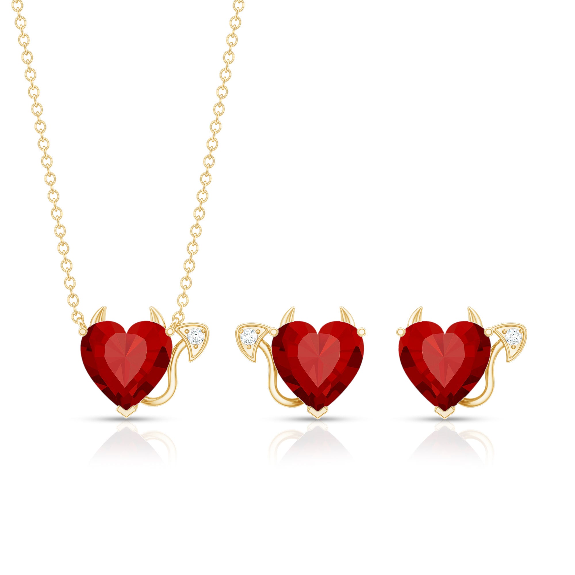 Lab Grown Ruby Heart Necklace And Earrings Set With Diamond AAAA - Rosec Jewels