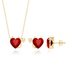 Lab Grown Ruby Heart Necklace And Earrings Set With Diamond AAAA - Rosec Jewels