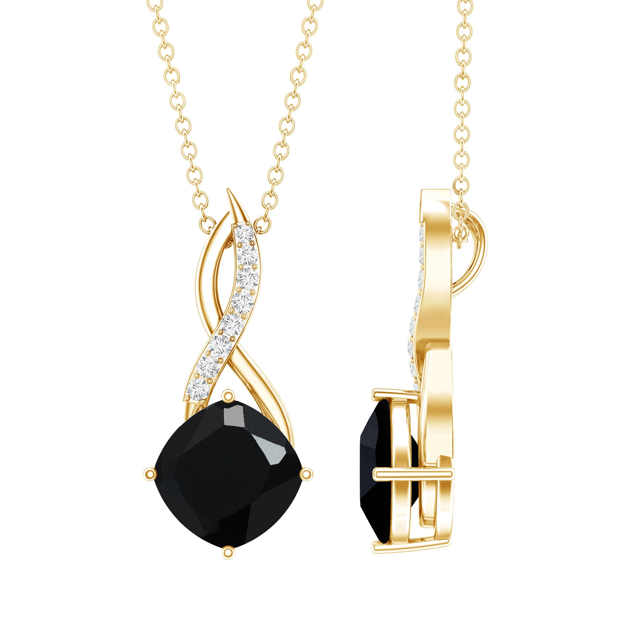 Cushion Cut Black Onyx Solitaire Infinity Necklace with Lab Diamond AAA - Rosec Jewels