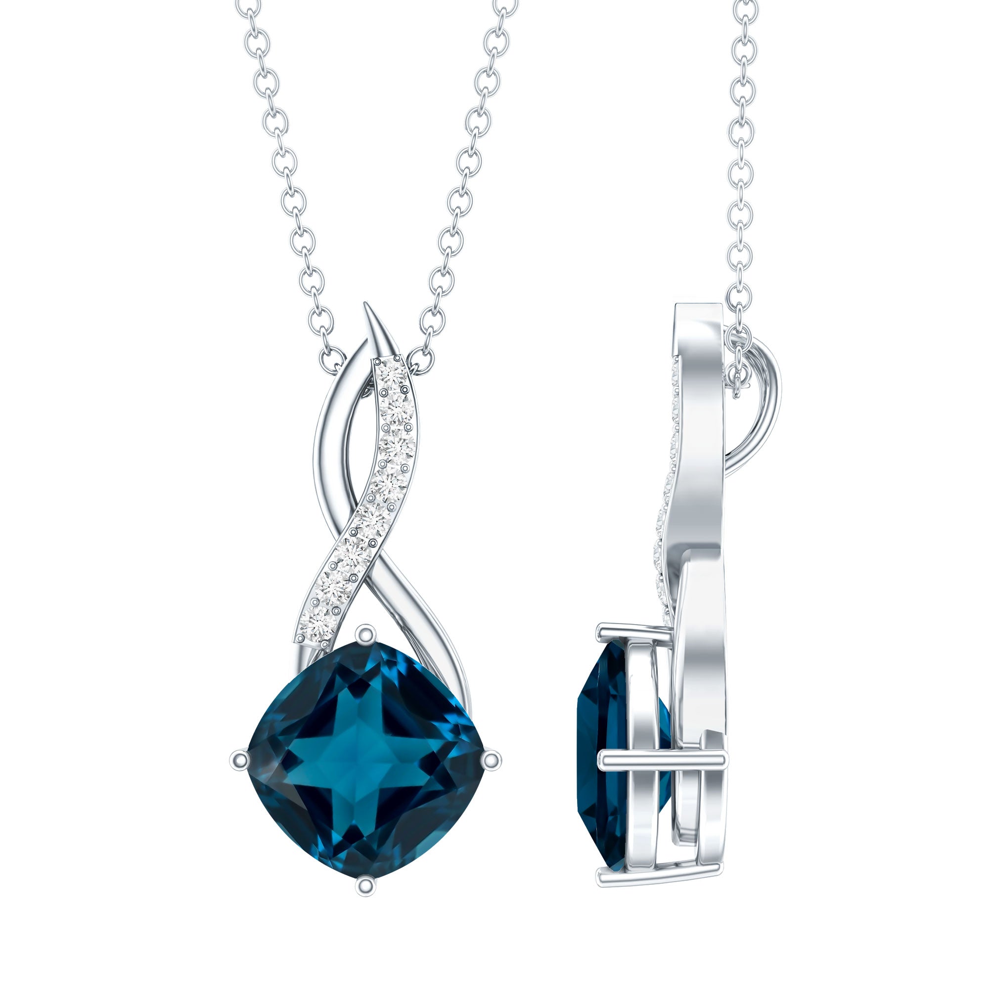 2.8 Carat Cushion Cut London Blue Topaz Infinity Pendant with Diamond AAA - Rosec Jewels