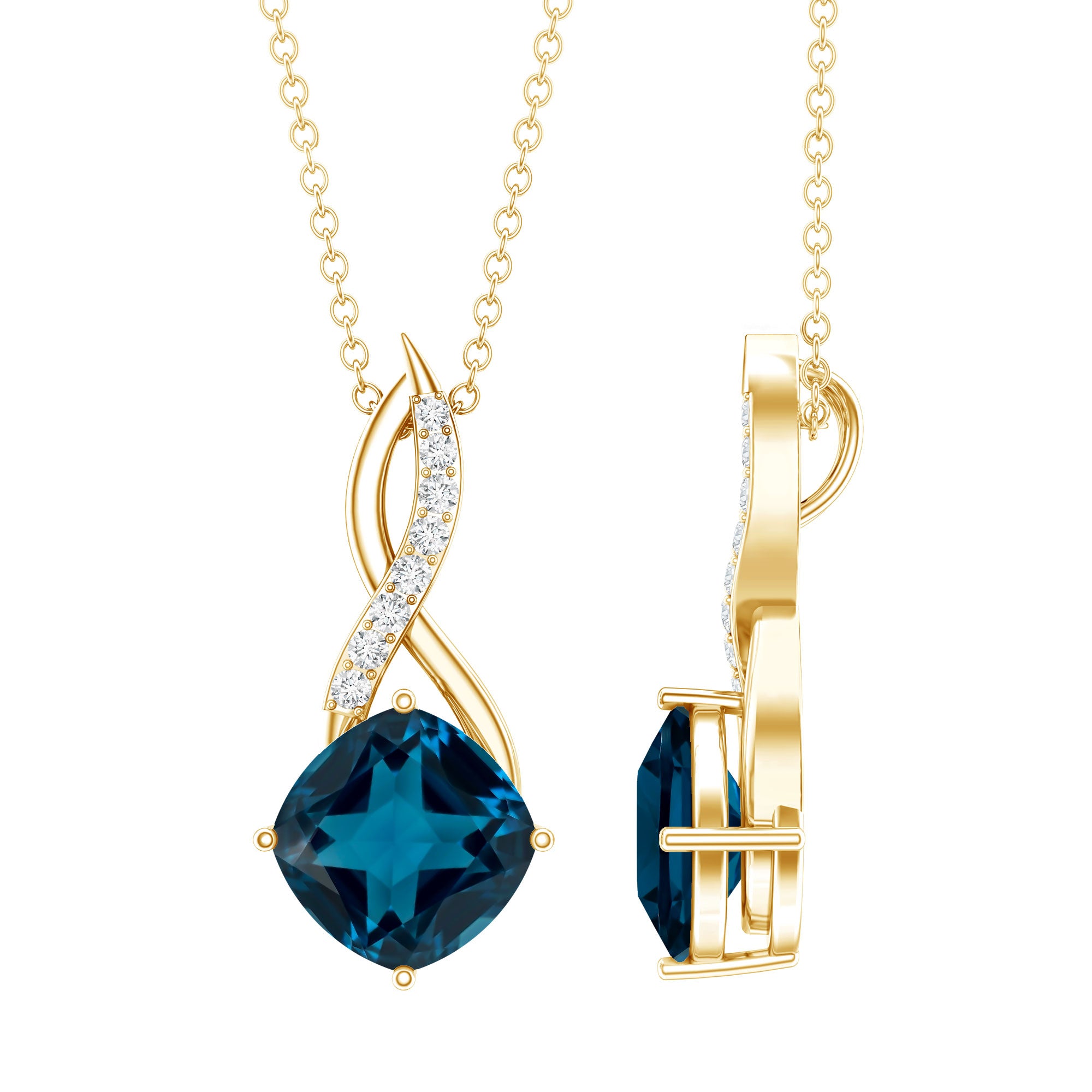 2.8 Carat Cushion Cut London Blue Topaz Infinity Pendant with Diamond AAA - Rosec Jewels