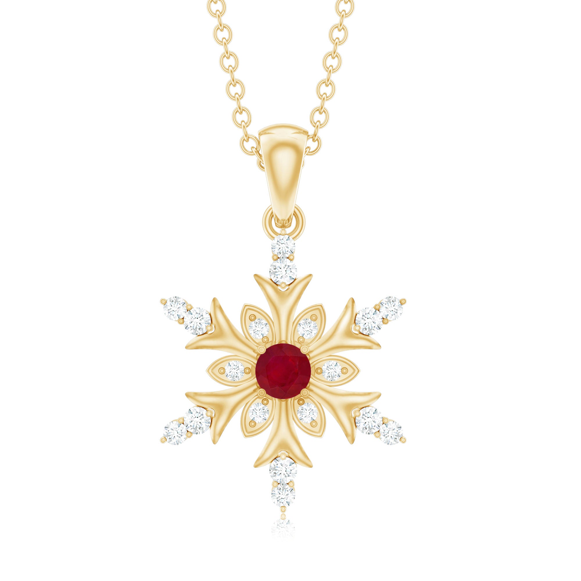 Natural Ruby and Diamond Snowflake Pendant Necklace AAA - Rosec Jewels