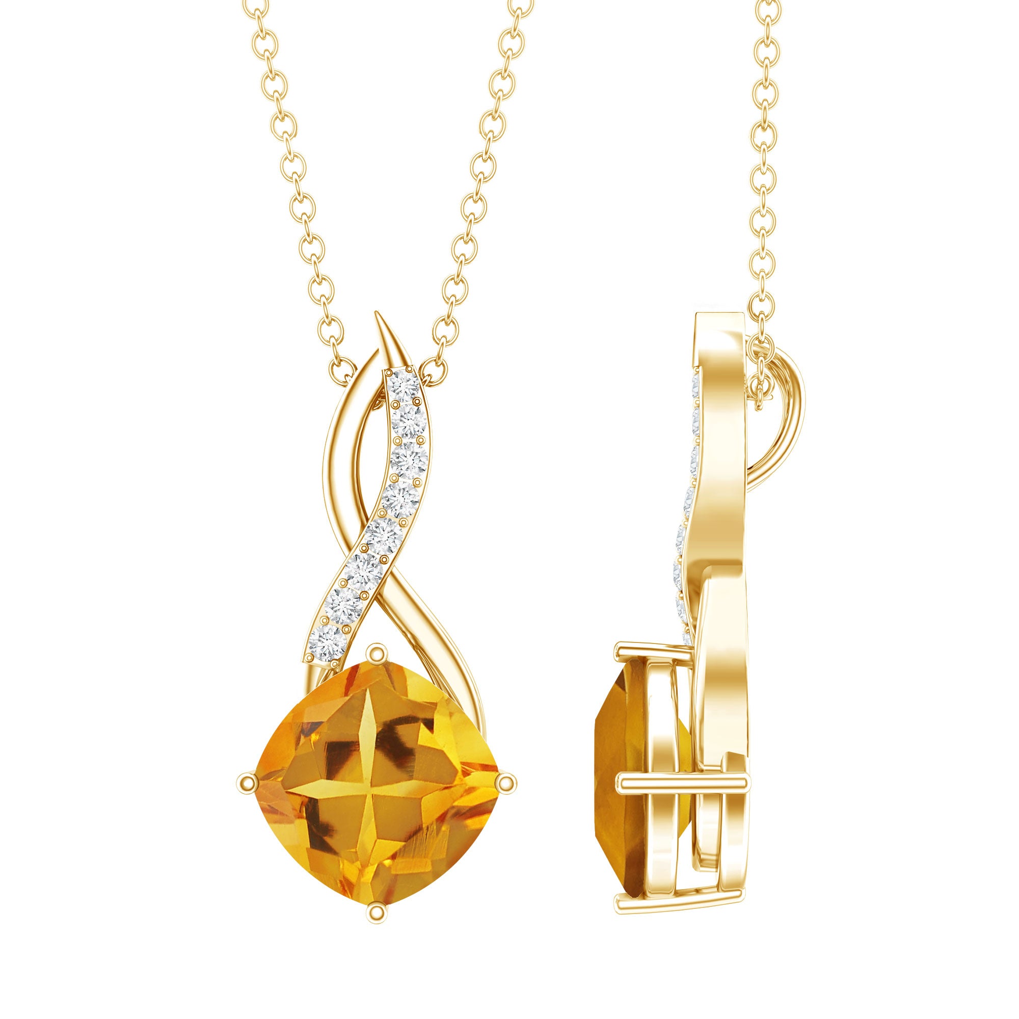 Natural 2.23 Carat Cushion Cut Citrine Infinity Pendant Necklace with Diamond AAA - Rosec Jewels