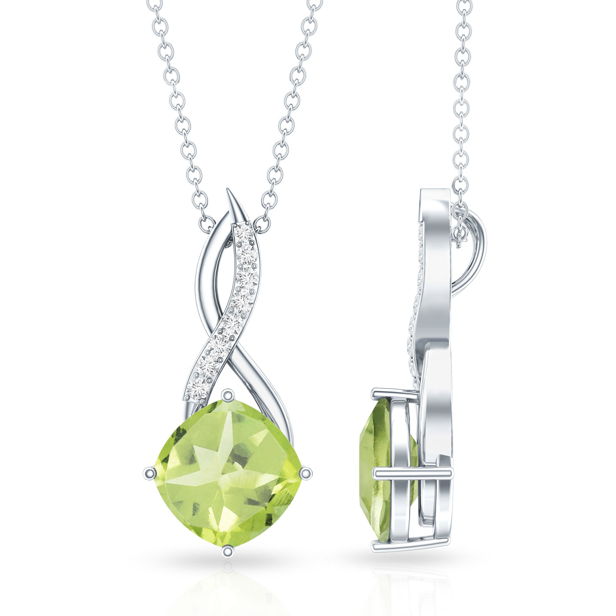 2 Carat Cushion Cut Peridot and Diamond Infinity Necklace AAA - Rosec Jewels