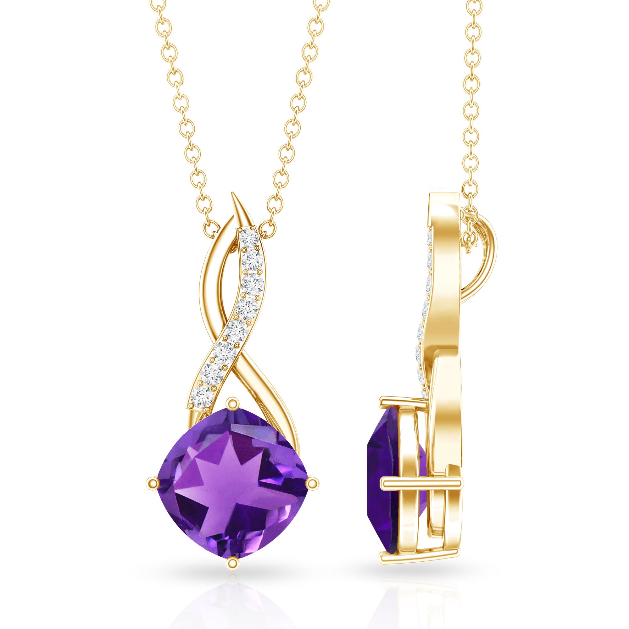 Natural 2 Carat Cushion Cut Amethyst Infinity Necklace with Diamond AAA - Rosec Jewels