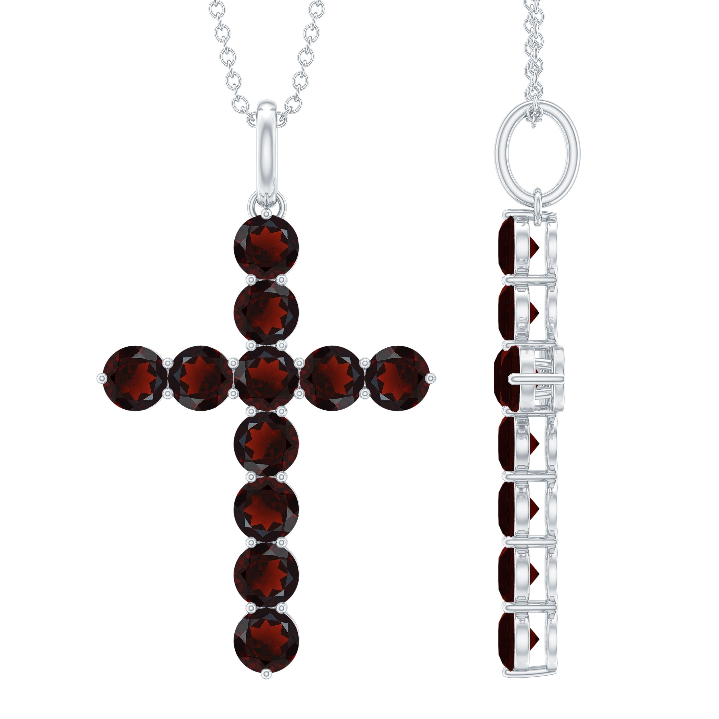 Garnet Christian Cross Necklace in 14K White Gold Plated Silver