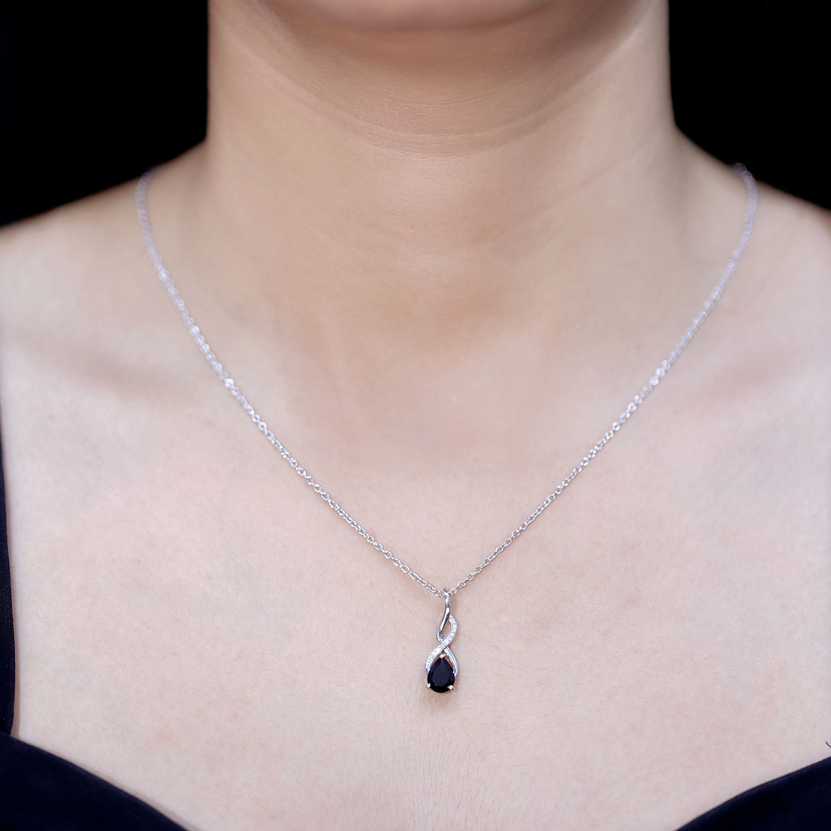 1 Carat Pear Shape Black Onyx Infinity Necklace with Diamonds AAA - Rosec Jewels