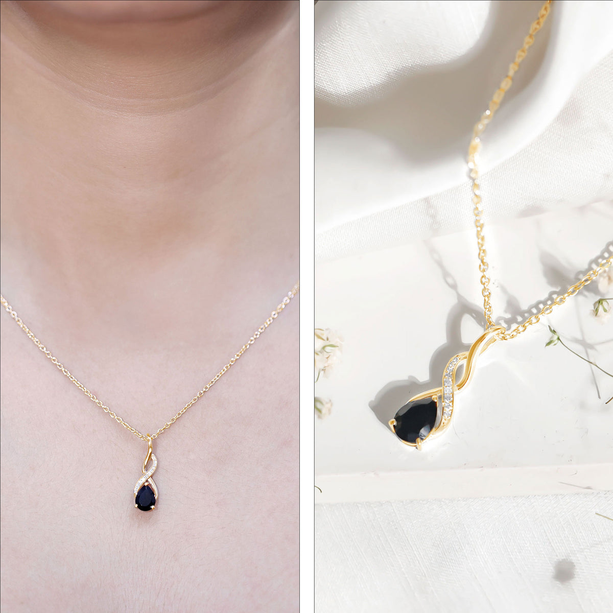 1 Carat Pear Shape Black Onyx Infinity Necklace with Diamonds AAA - Rosec Jewels
