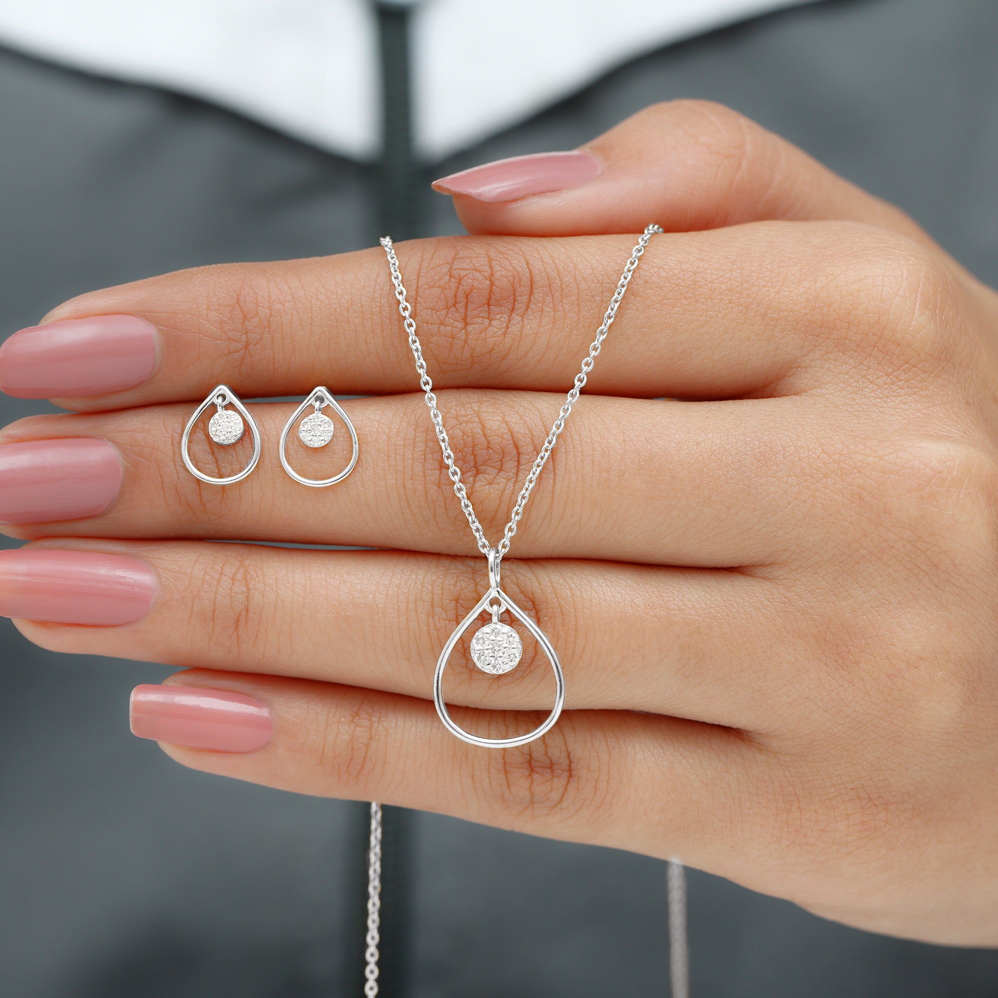 Rosec Jewels-Diamond and Gold Open Teardrop Pendant and Earring Set for Women