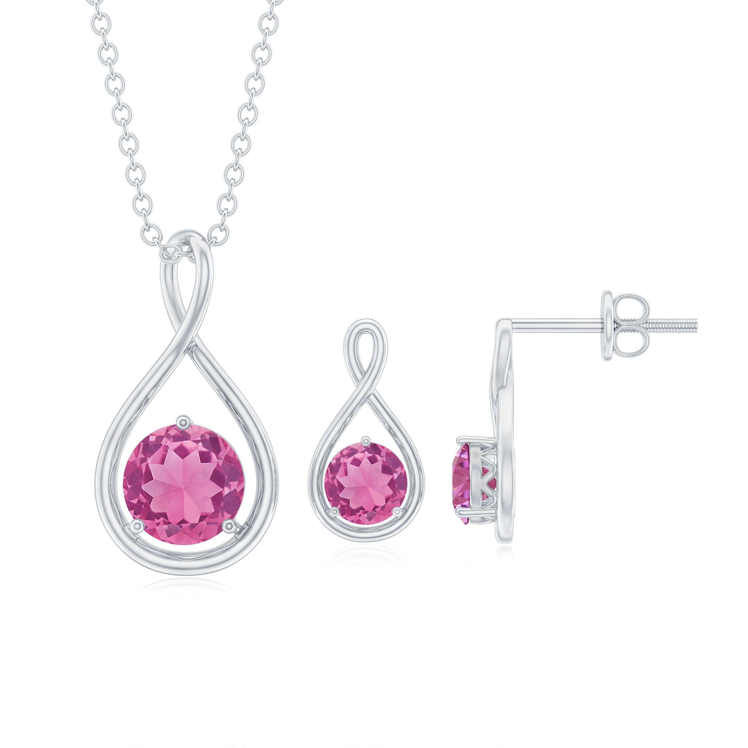 Genuine 2 Carat Pink Tourmaline Infinity Necklace and Earrings Set AAA - Rosec Jewels
