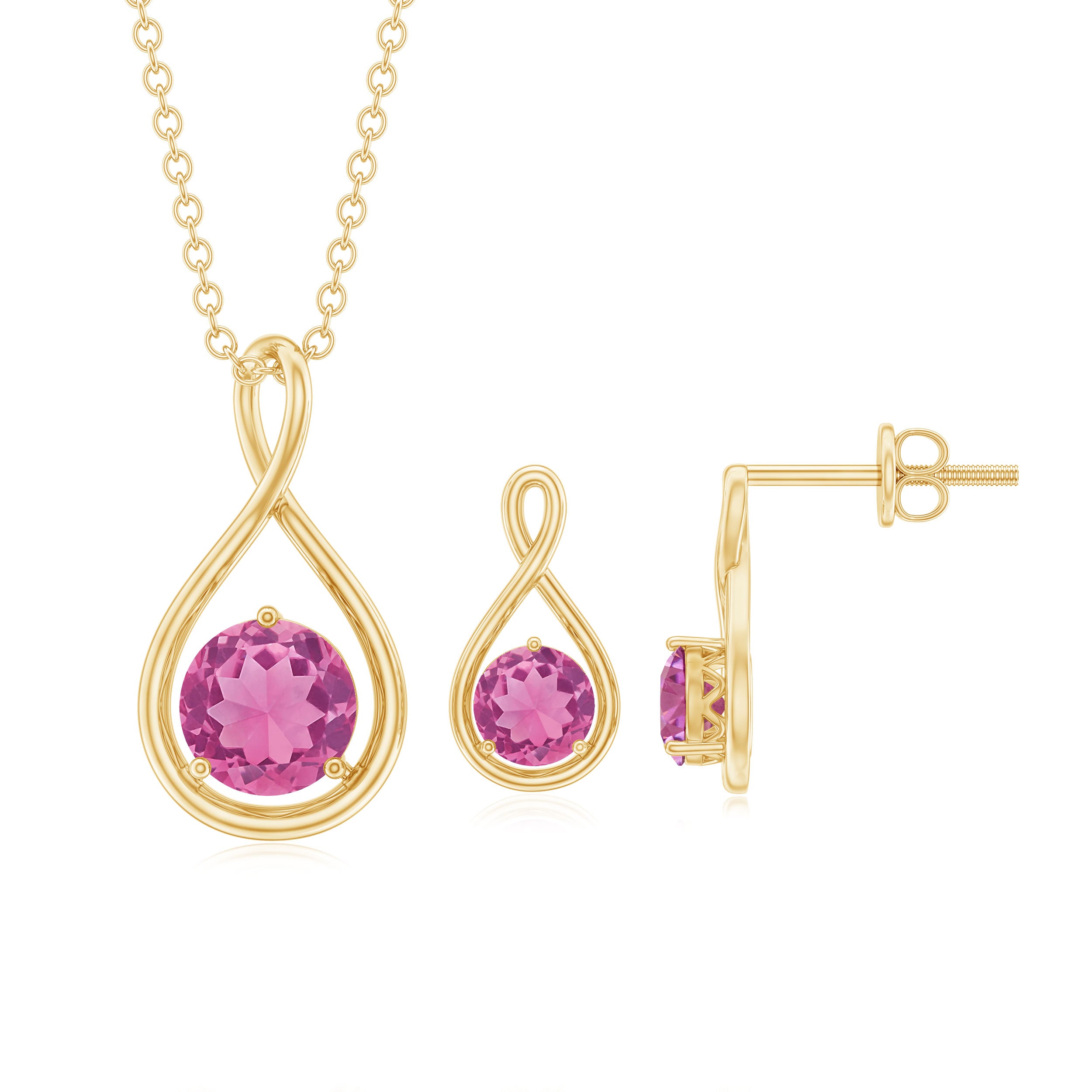 Genuine 2 Carat Pink Tourmaline Infinity Necklace and Earrings Set AAA - Rosec Jewels