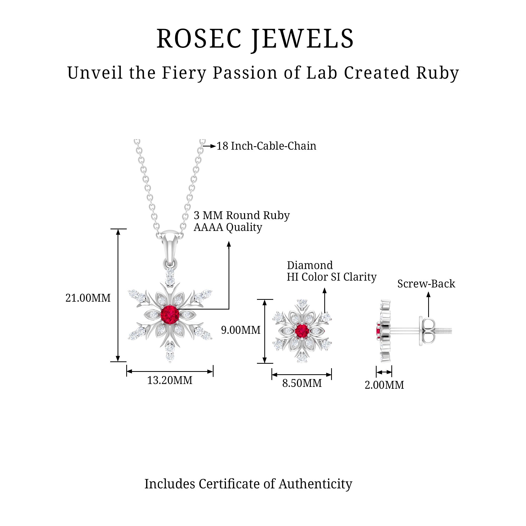 Vintage Lab Grown Ruby and Diamond Snowflake Pendant and Earrings Lab Created Ruby - ( AAAA ) - Quality - Rosec Jewels