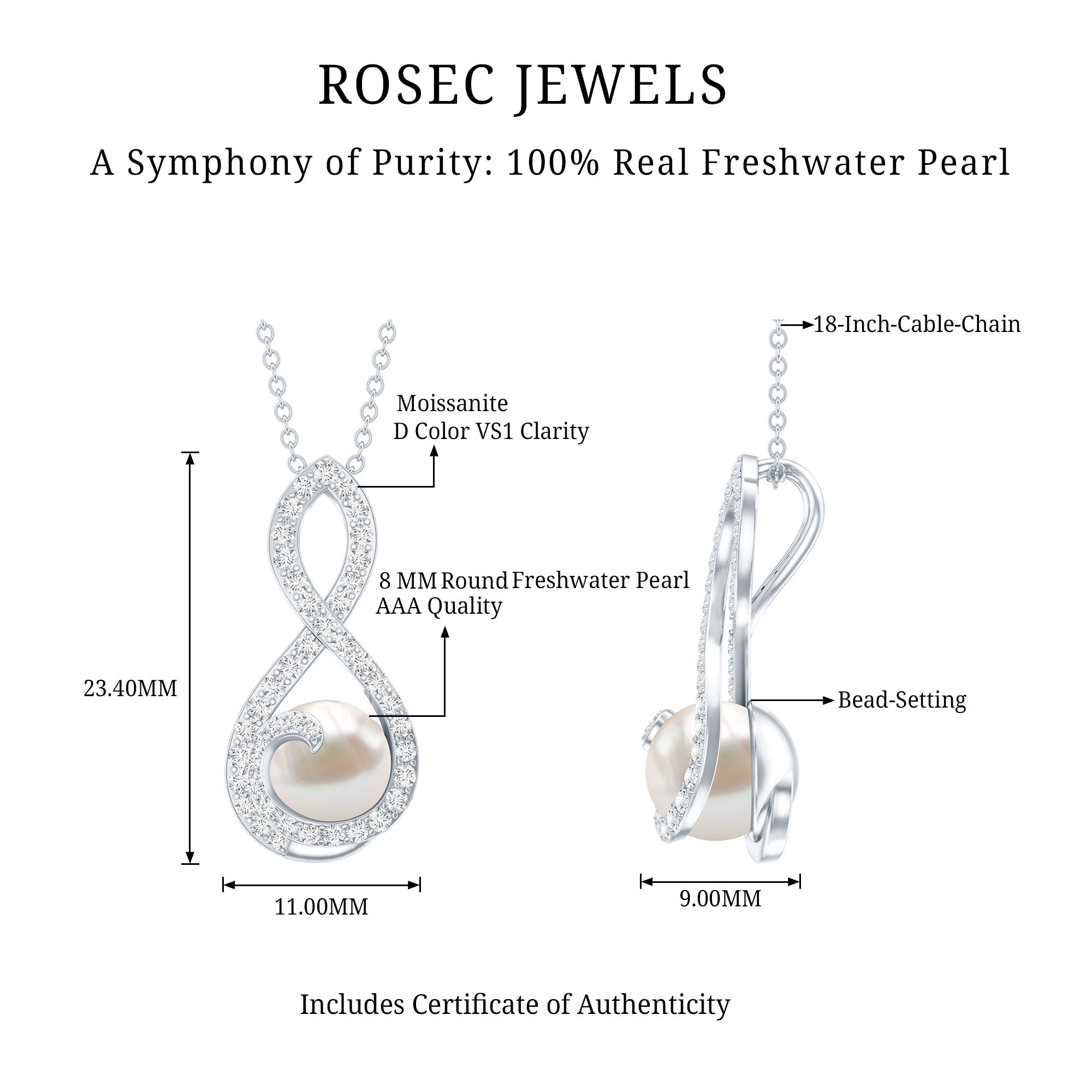 Designer Freshwater Pearl and Moissanite Infinity Necklace With Chain AAA - Rosec Jewels