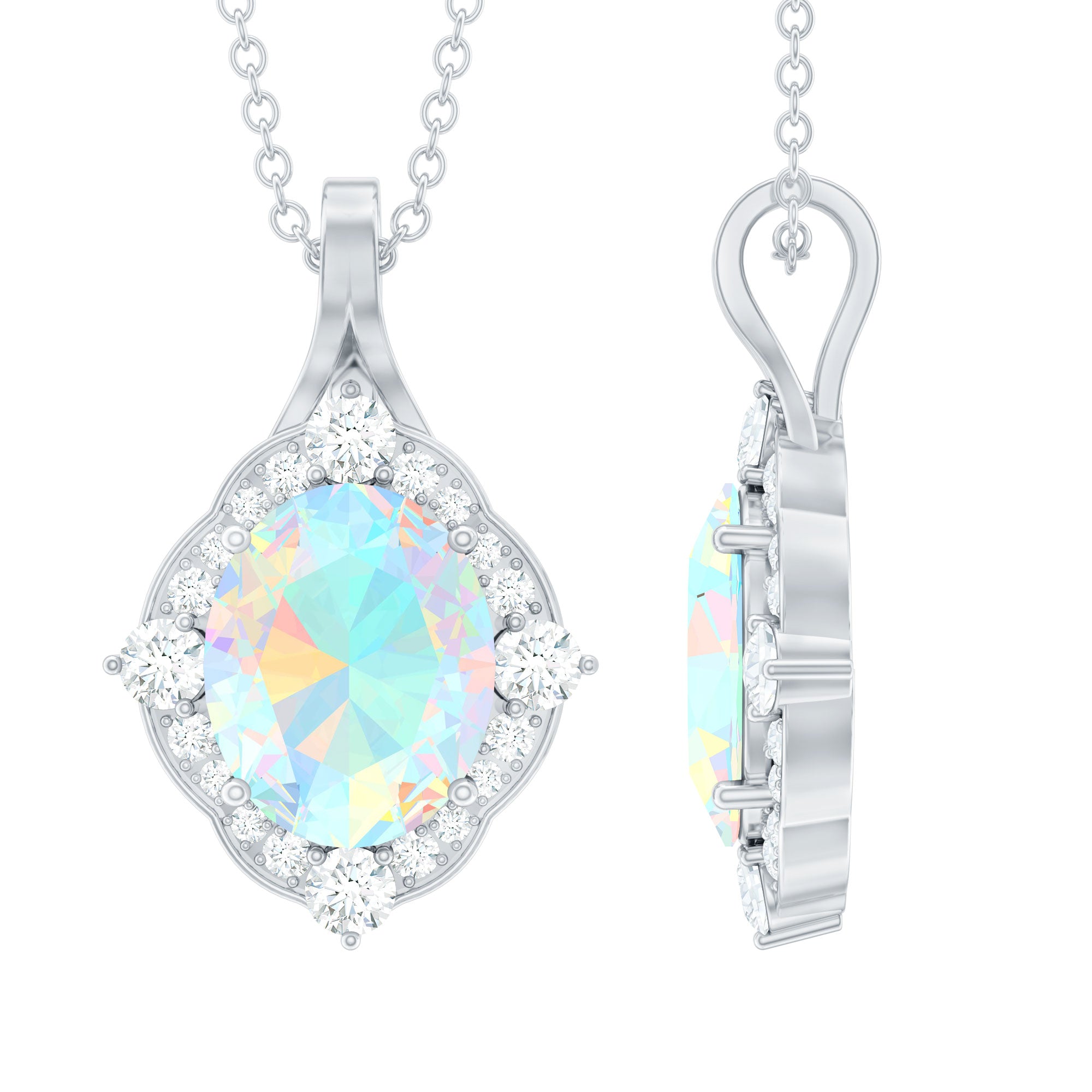 Antique Style Oval Cut Rainbow Opal Necklace with Moissanite Halo