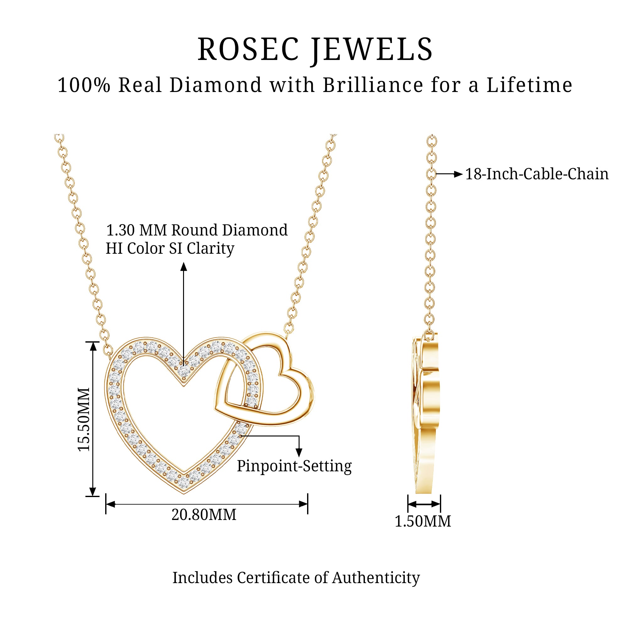 Diamond 2 Heart Promise Necklace Natural - ( HI-SI ) - Rosec Jewels