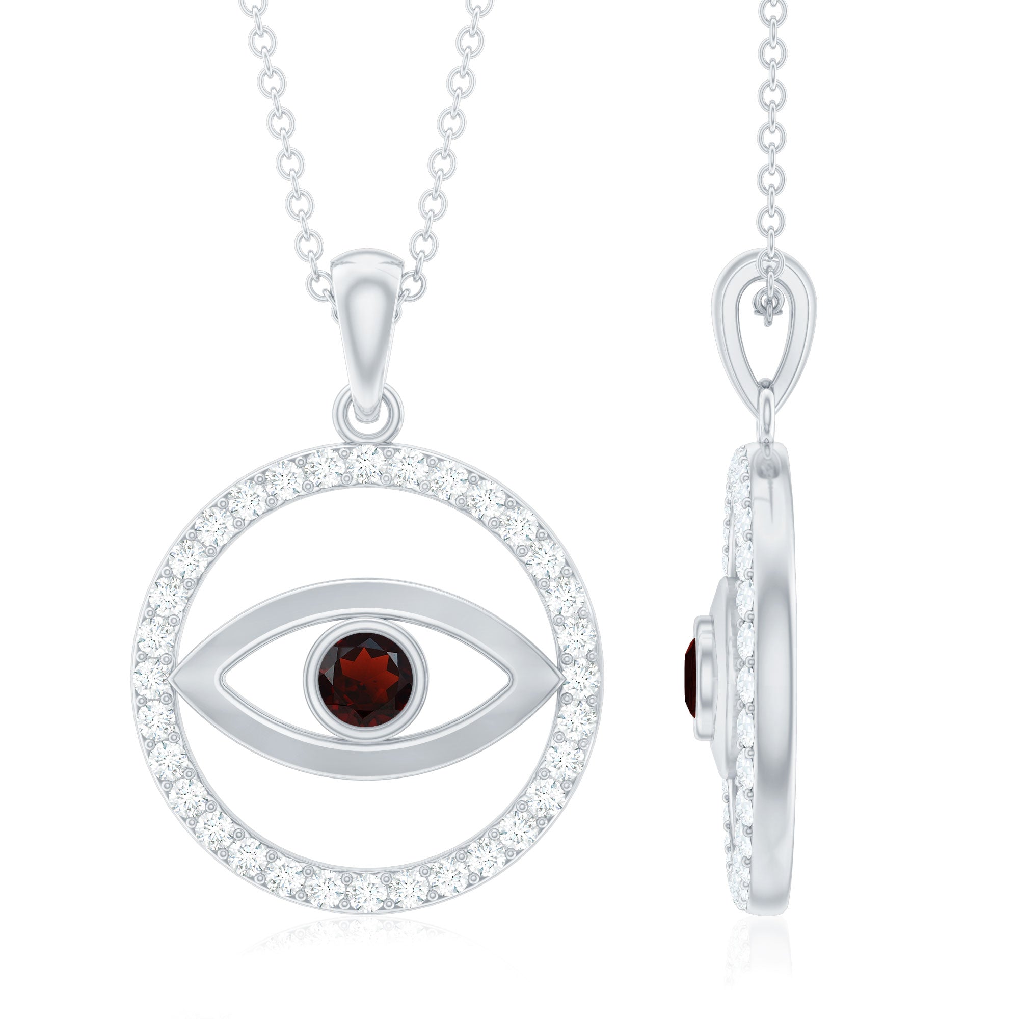 Real Garnet and Diamond Evil Eye Necklace AAA - Rosec Jewels