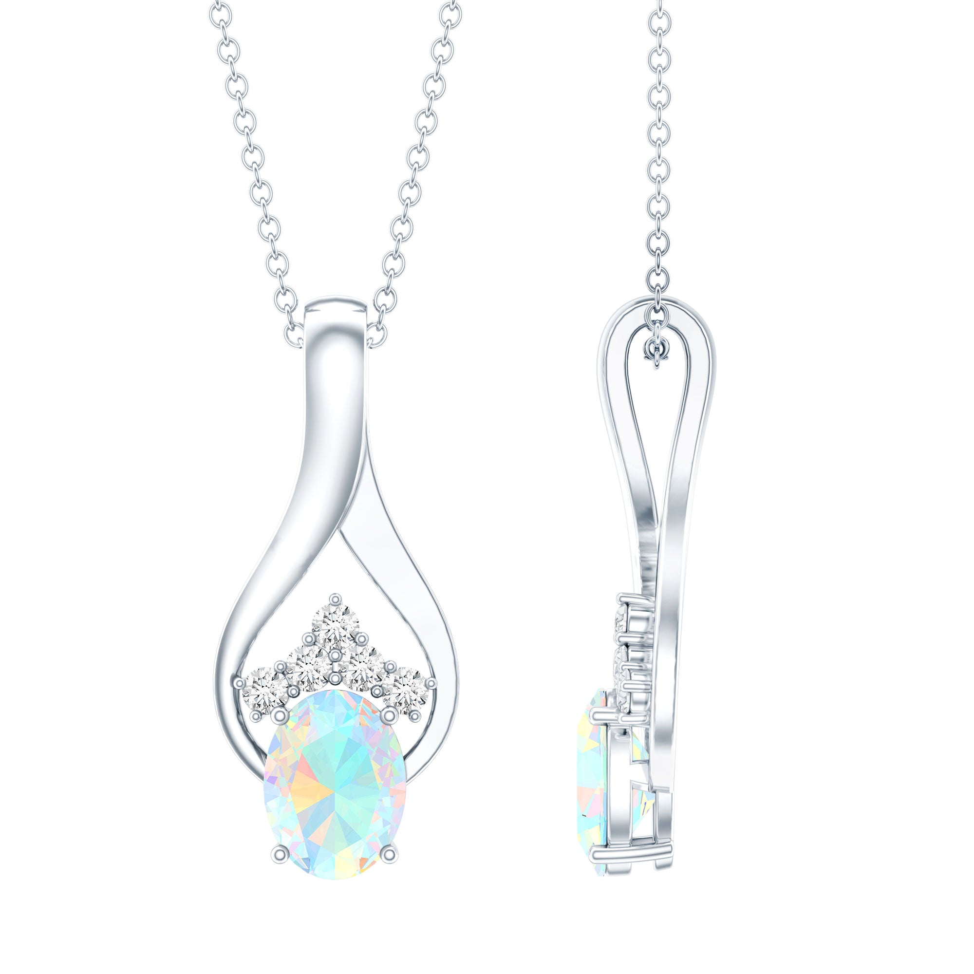 Natural Oval Ethiopian Opal and Moissanite Teardrop Necklace With Chain