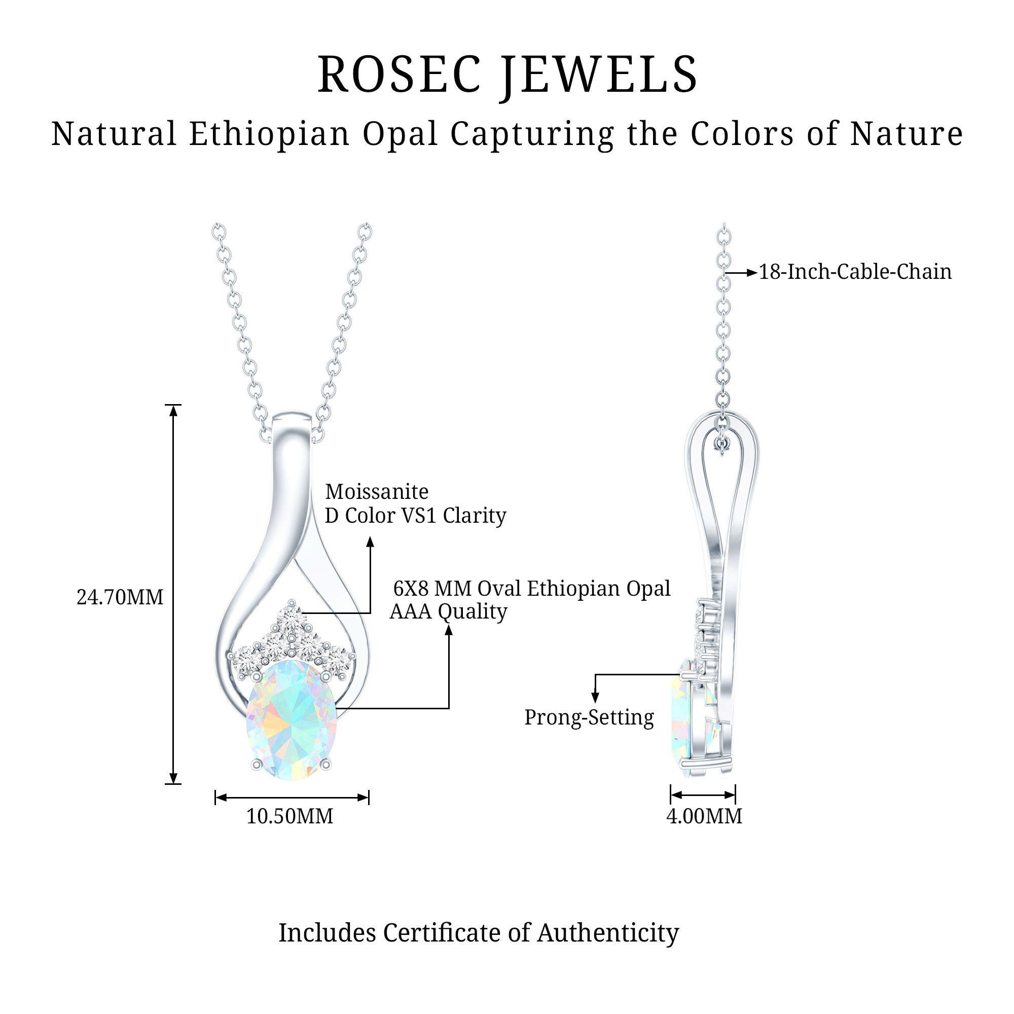 Natural Oval Ethiopian Opal and Moissanite Teardrop Necklace With Chain AAA - Rosec Jewels