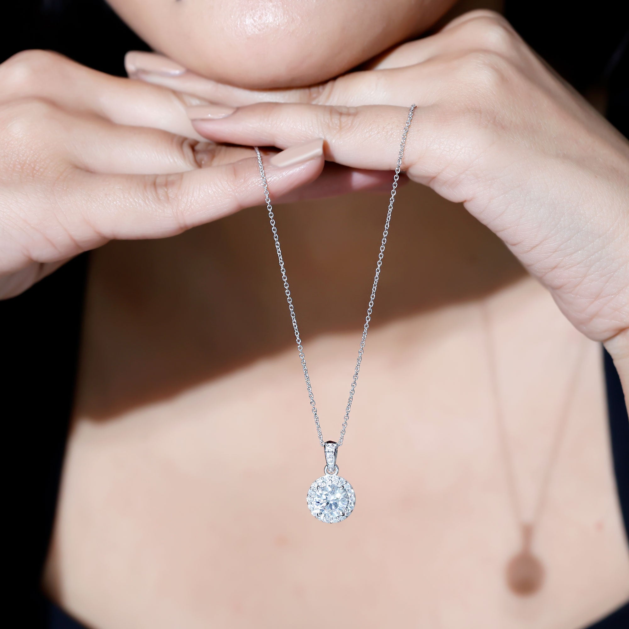Round Moissanite Classic Halo Pendant Necklace D-VS1 - Rosec Jewels