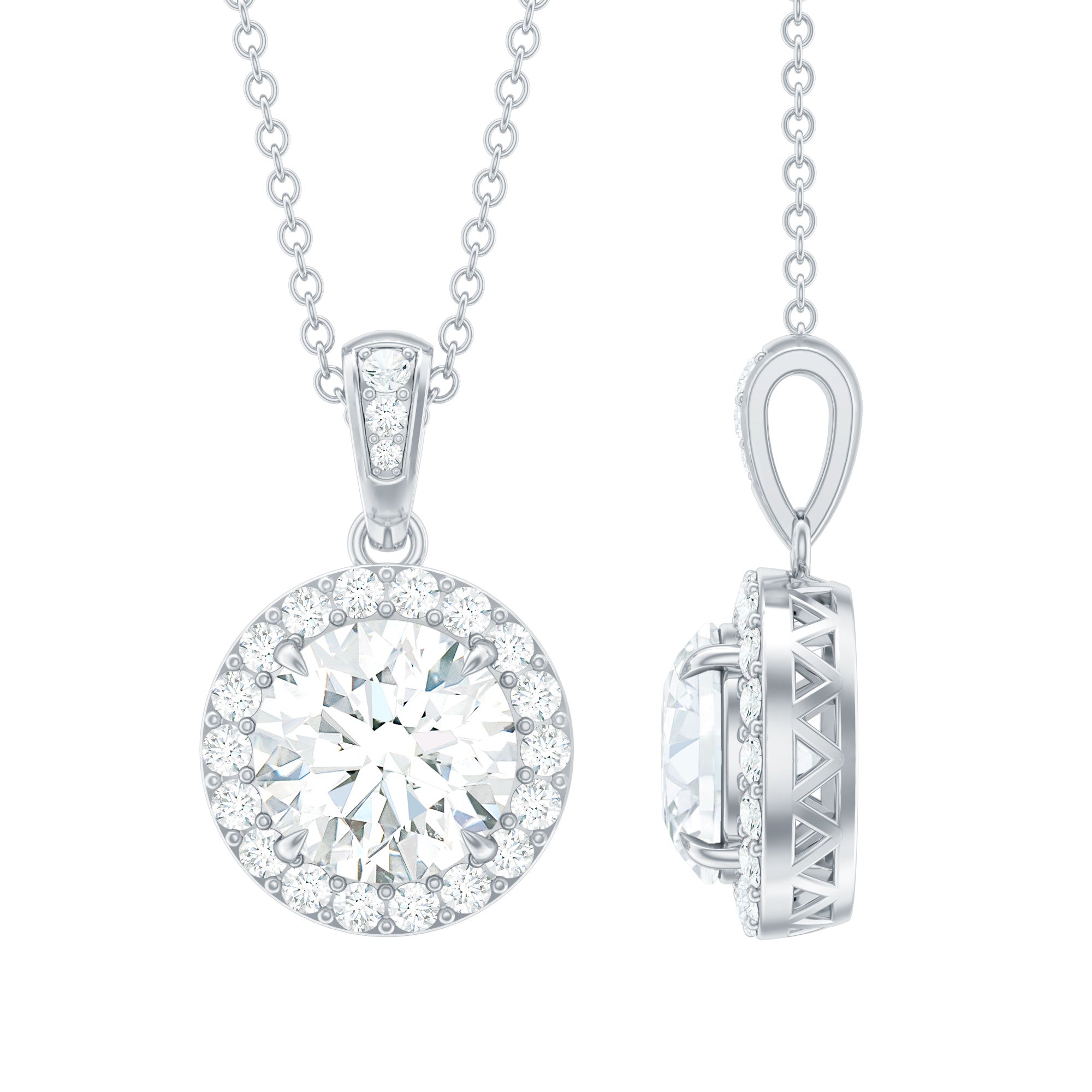 Certified 8 MM Round Cubic Zirconia Halo Necklace with Chain