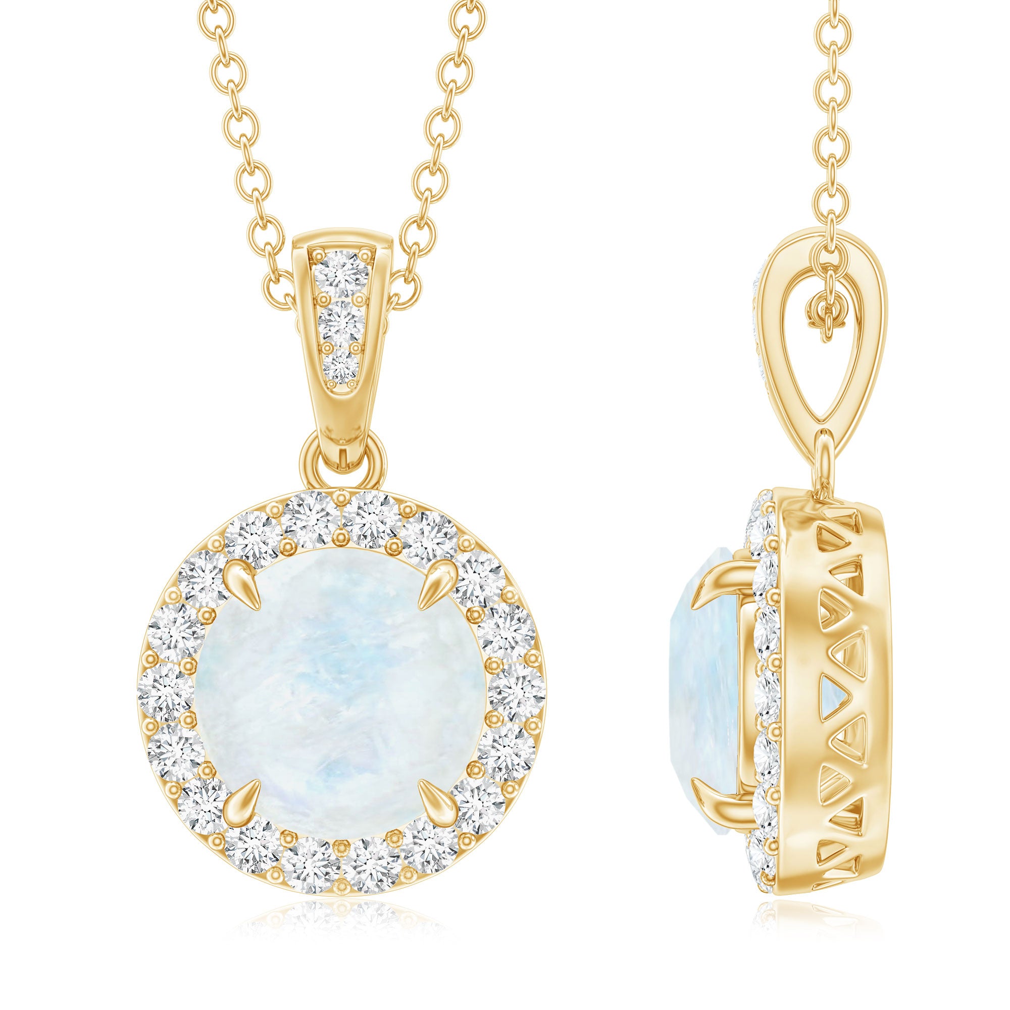 Claw Set 0.85 Carat Round Moonstone and Diamond Halo Pendant AAA - Rosec Jewels