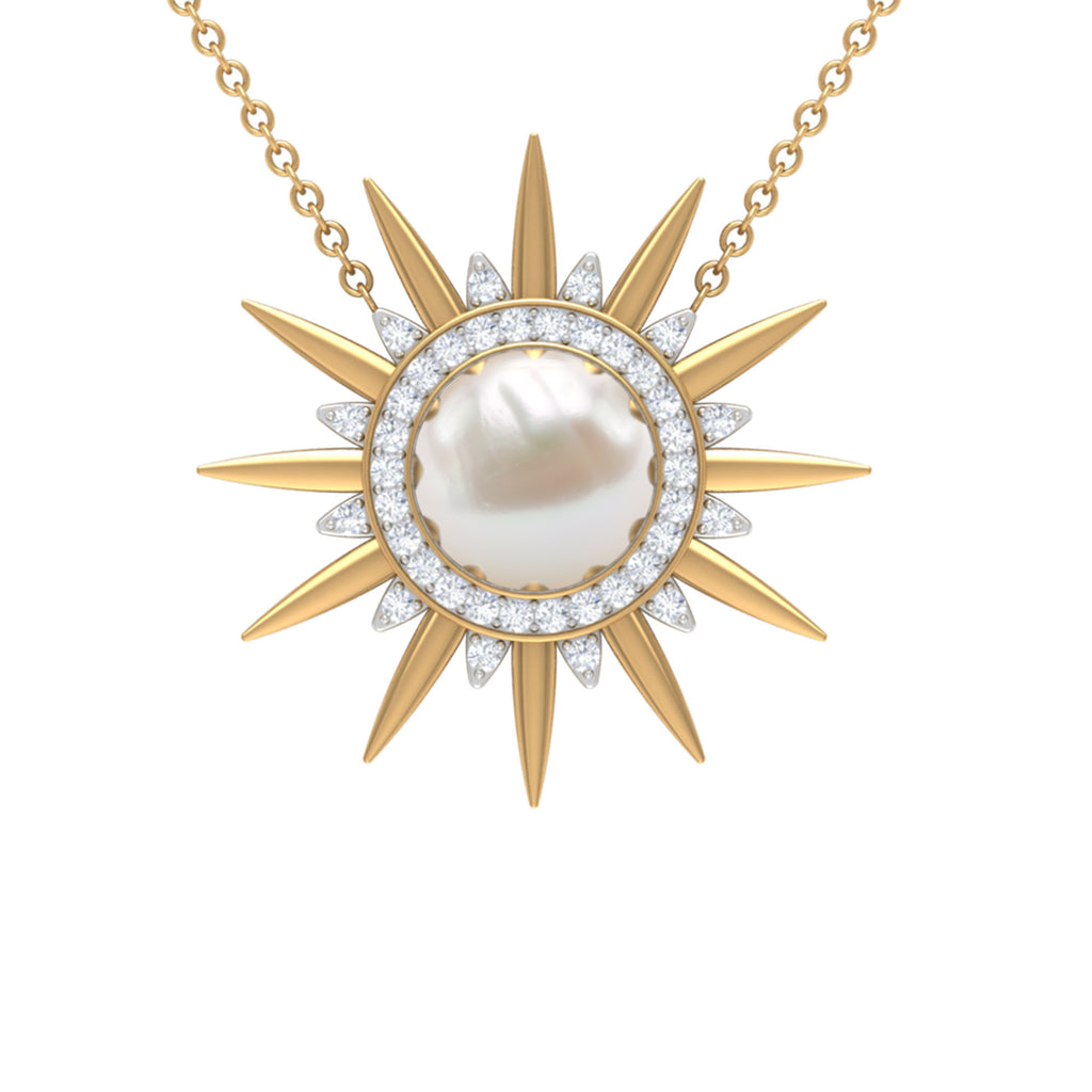 7.75 CT Freshwater Pearl and Diamond Sunburst Pendant Necklace Freshwater Pearl - ( AAA ) - Quality - Rosec Jewels