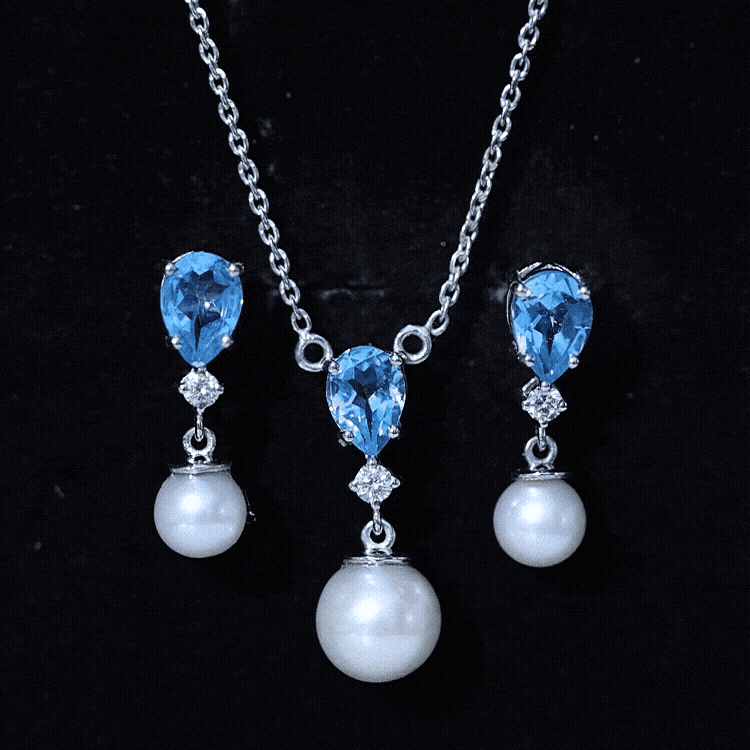 Swiss Blue Topaz and Diamond Jewelry Set with Freshwater Pearl Drop AAA - Rosec Jewels