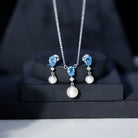 Swiss Blue Topaz and Diamond Jewelry Set with Freshwater Pearl Drop AAA - Rosec Jewels