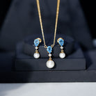 Swiss Blue Topaz and Diamond Jewelry Set with Freshwater Pearl Drop AAA - Rosec Jewels