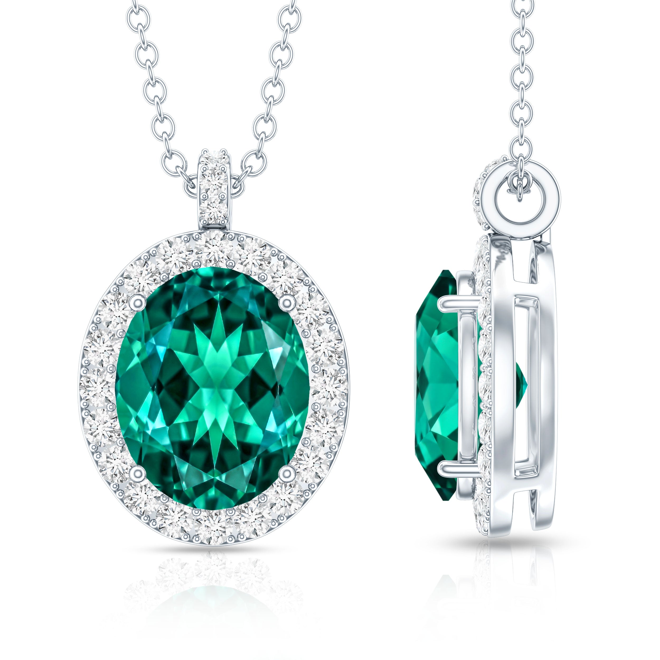 3 Carat Oval Lab Created Emerald Pendant with Diamond Halo AAAA - Rosec Jewels